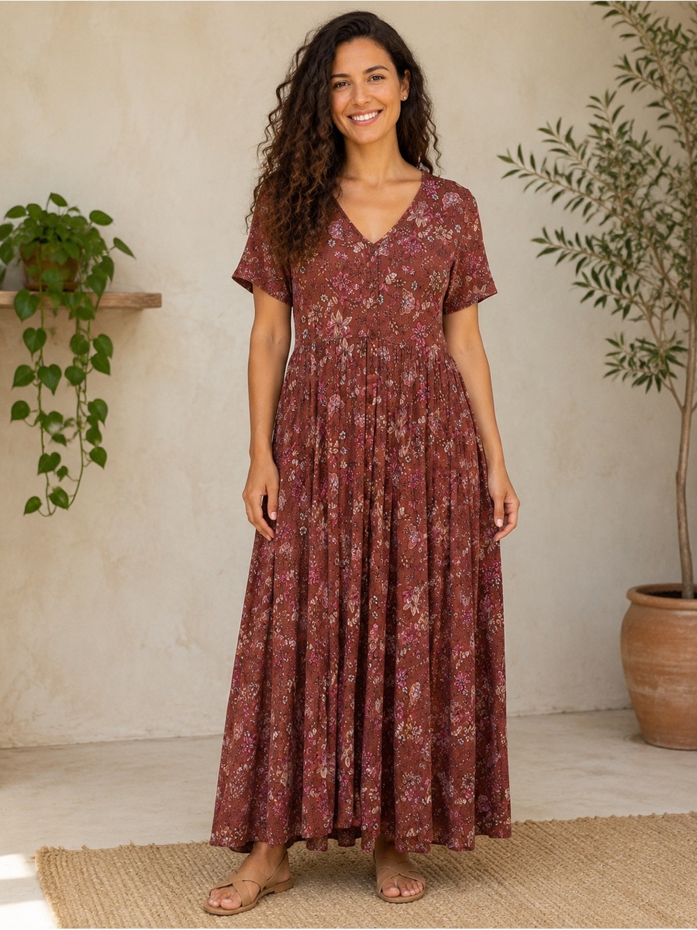 Westbound from Dillard’s Floral V-Neck Maxi Dress in Burgundy Mix Sz Large Boho